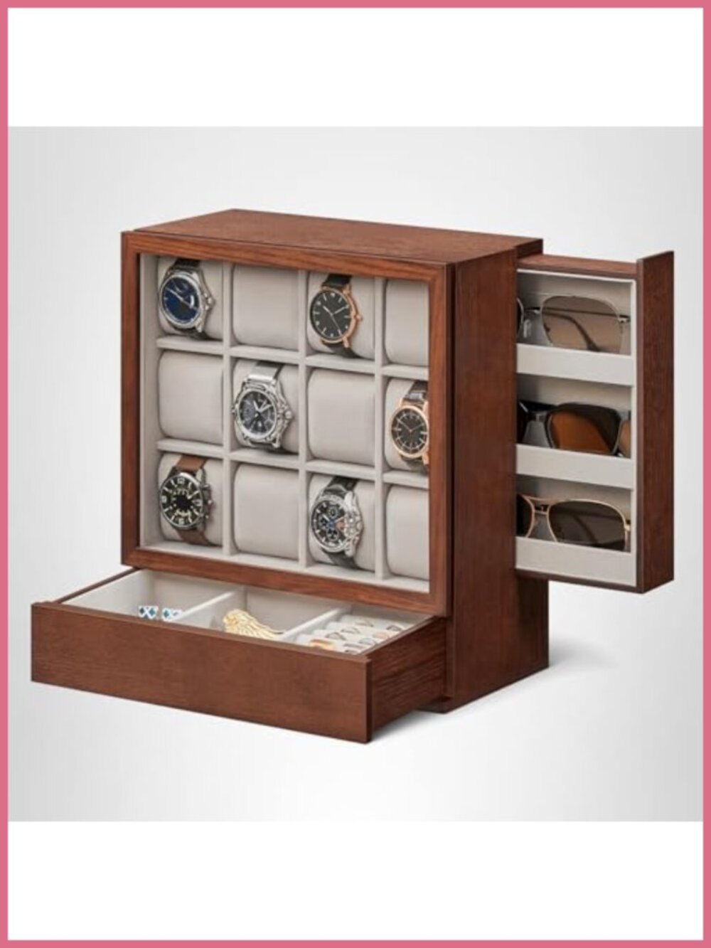 12-Slot Watch Display Case with Hidden Drawers and Velvet Lining
